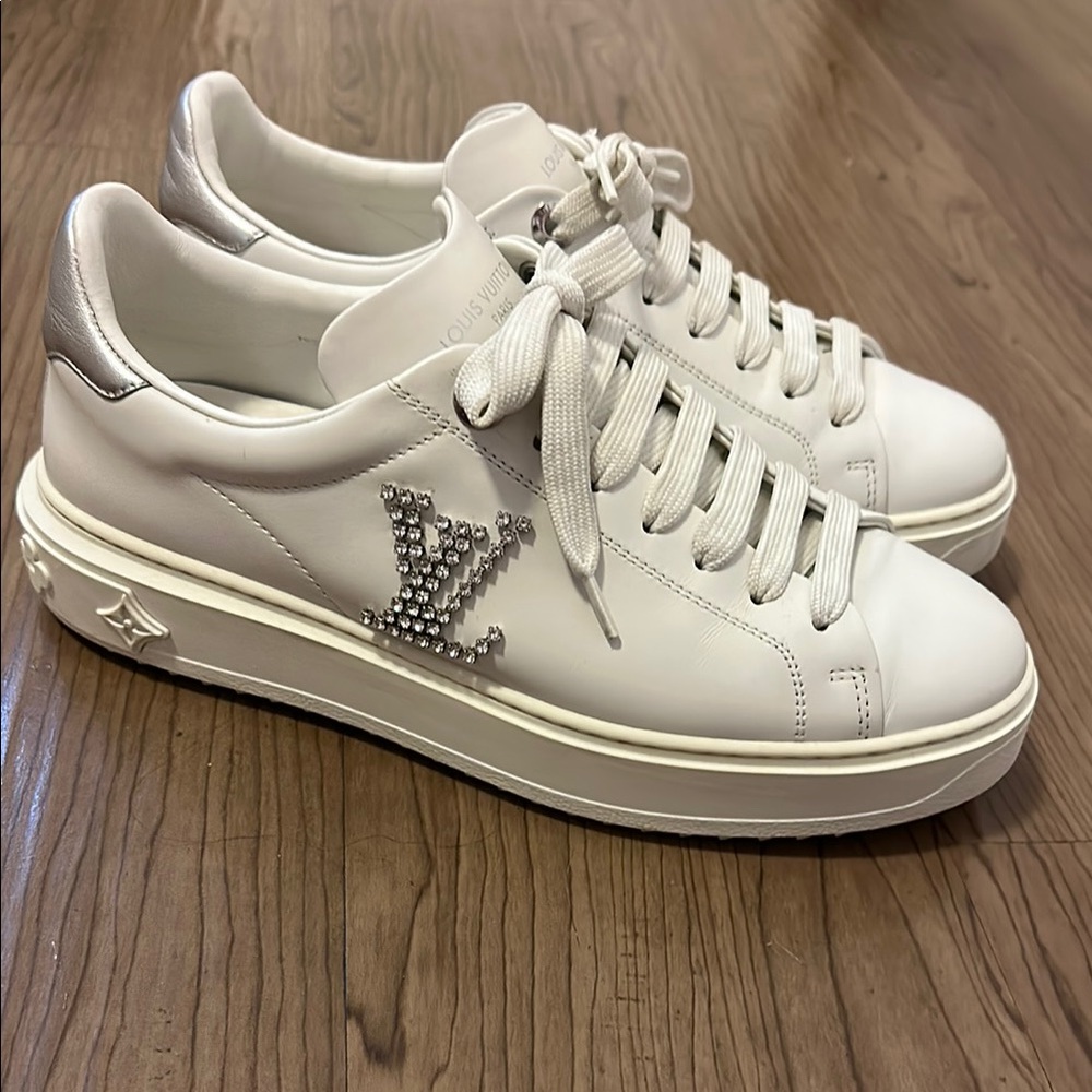 Louis Vuitton White Silver Sneakers with Crystal V Logo